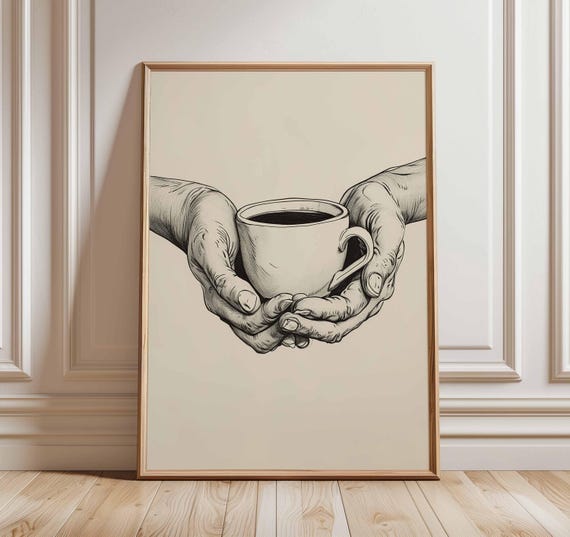 Coffee Poster Minimalist Black And White Wall Art Hands Holding Cup Kitchen Cafe Print