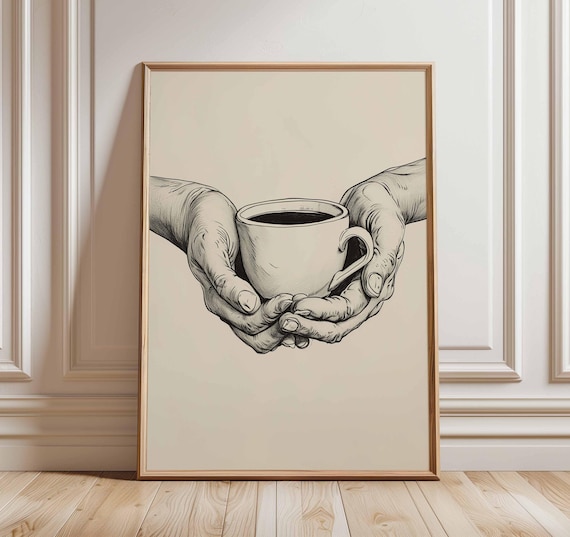 Hands Holding Coffee Cup Minimalist Black And White Art Poster