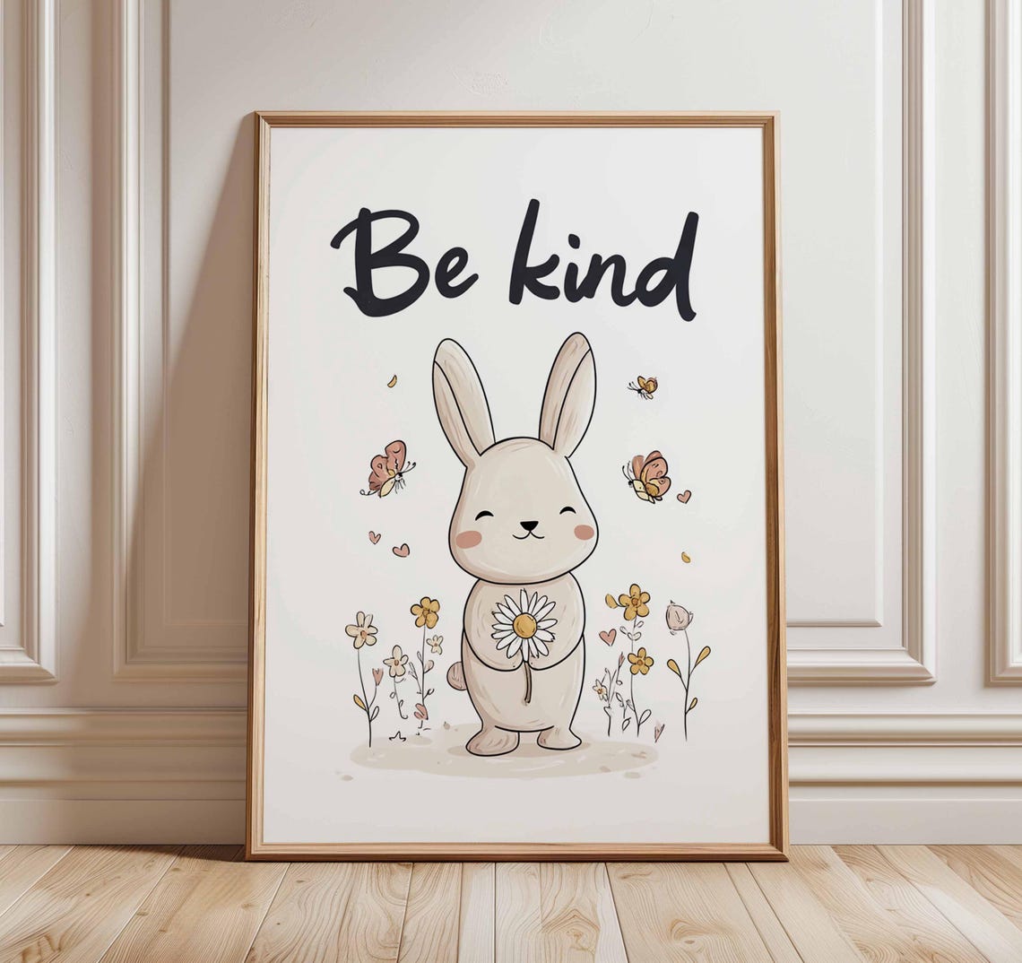 Be Kind Bunny Inspirational Quote Poster for Kids Room With Flowers