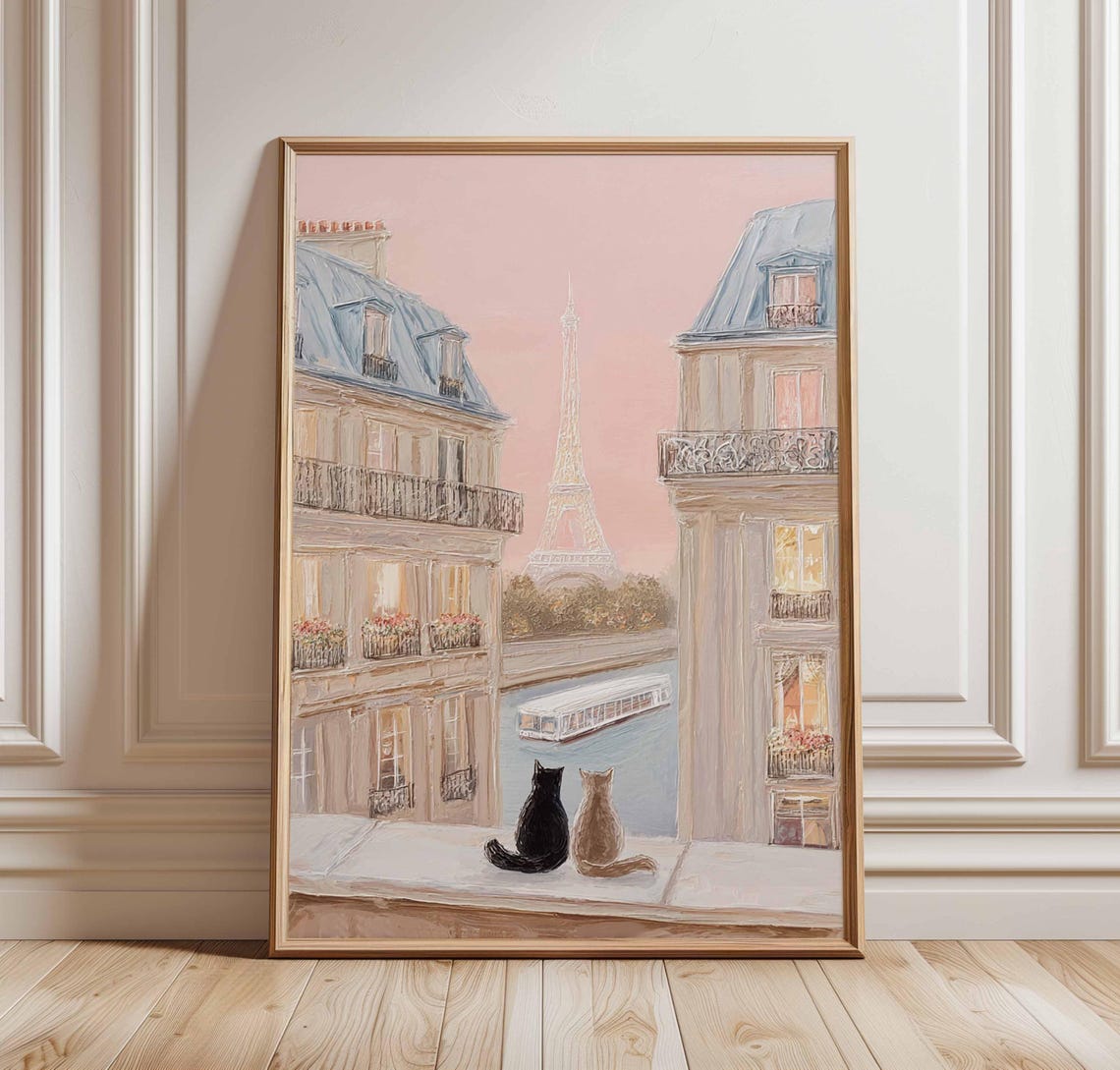 Two Cats At Paris Window Eiffel Tower Dusk Whimsical Cat Poster