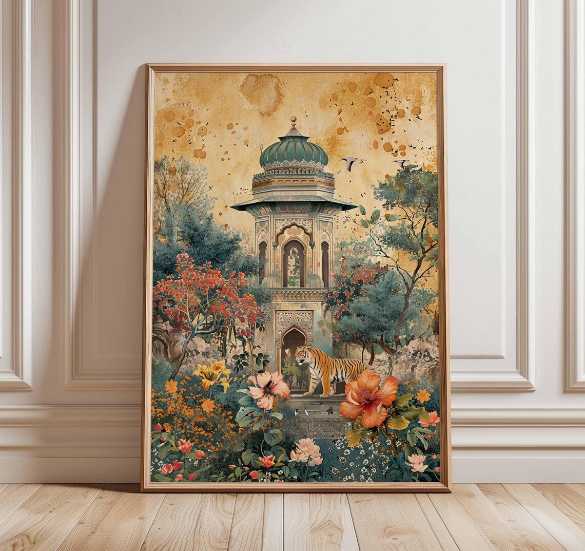 Mughal Jungle Tiger Temple Poster, Boho Vintage