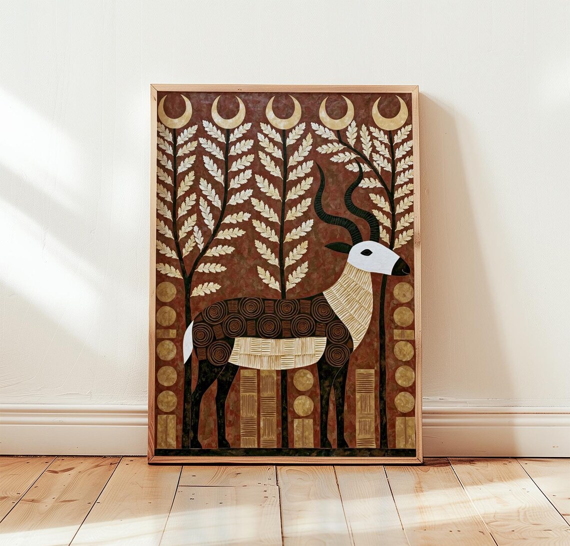 Folk Antelope Poster, Vintage Wildlife Art Print