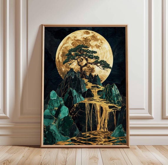 Moonlit Mountain Tree Poster Golden Landscape Art Print Chineseinspired Nature Scene Green And Gold Wall