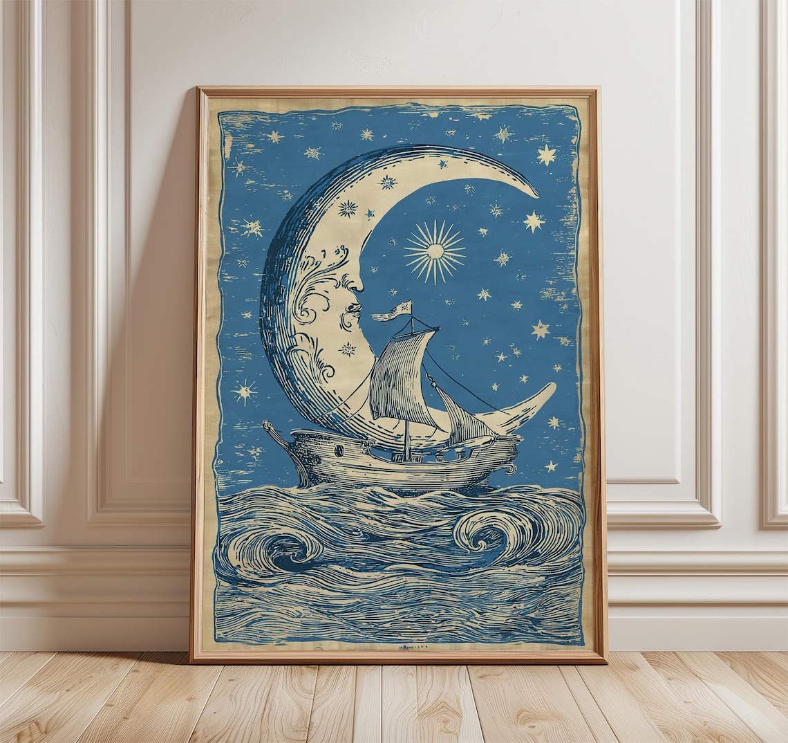 Moon Boat, Celestial Ship Nautical Fantasy Art Print