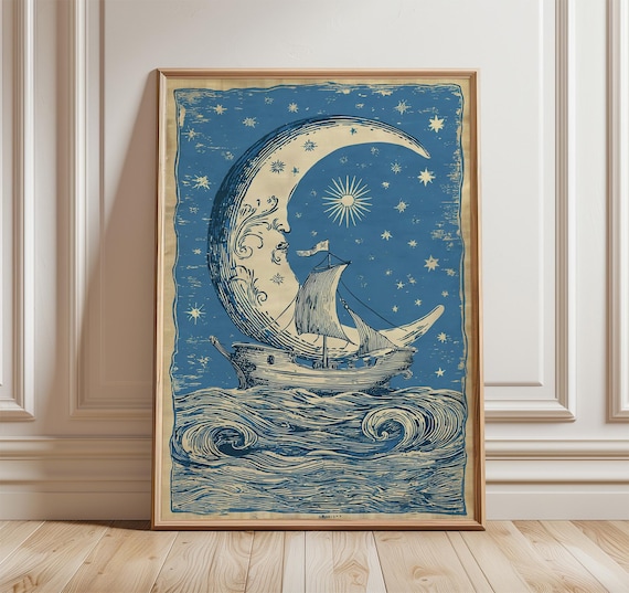 Moon Boat, Celestial Ship Nautical Fantasy Art Print