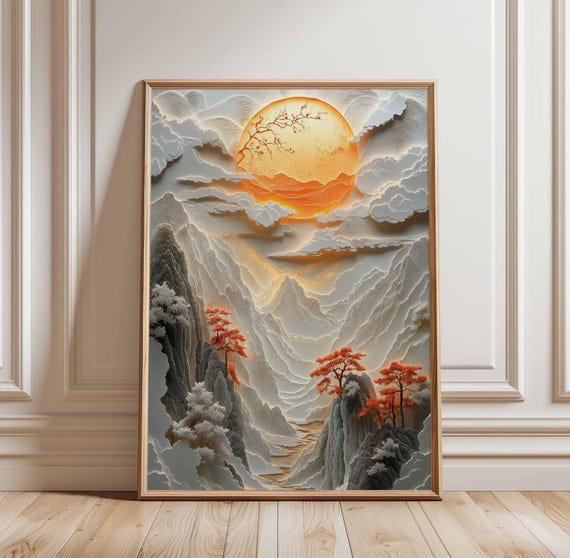 Sunset Mountain Landscape Poster Chineseinspired Nature Art Orange And Gray Scene Tranquil Wall Serene Print