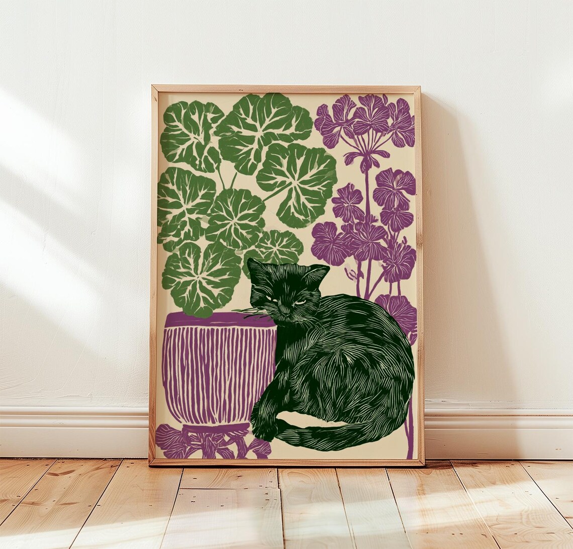 Black Cat Botanical Vintage Floral Poster