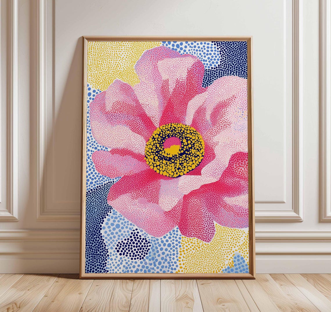 Pink Flower Dot Painting Poster Colorful Abstract Floral Decor