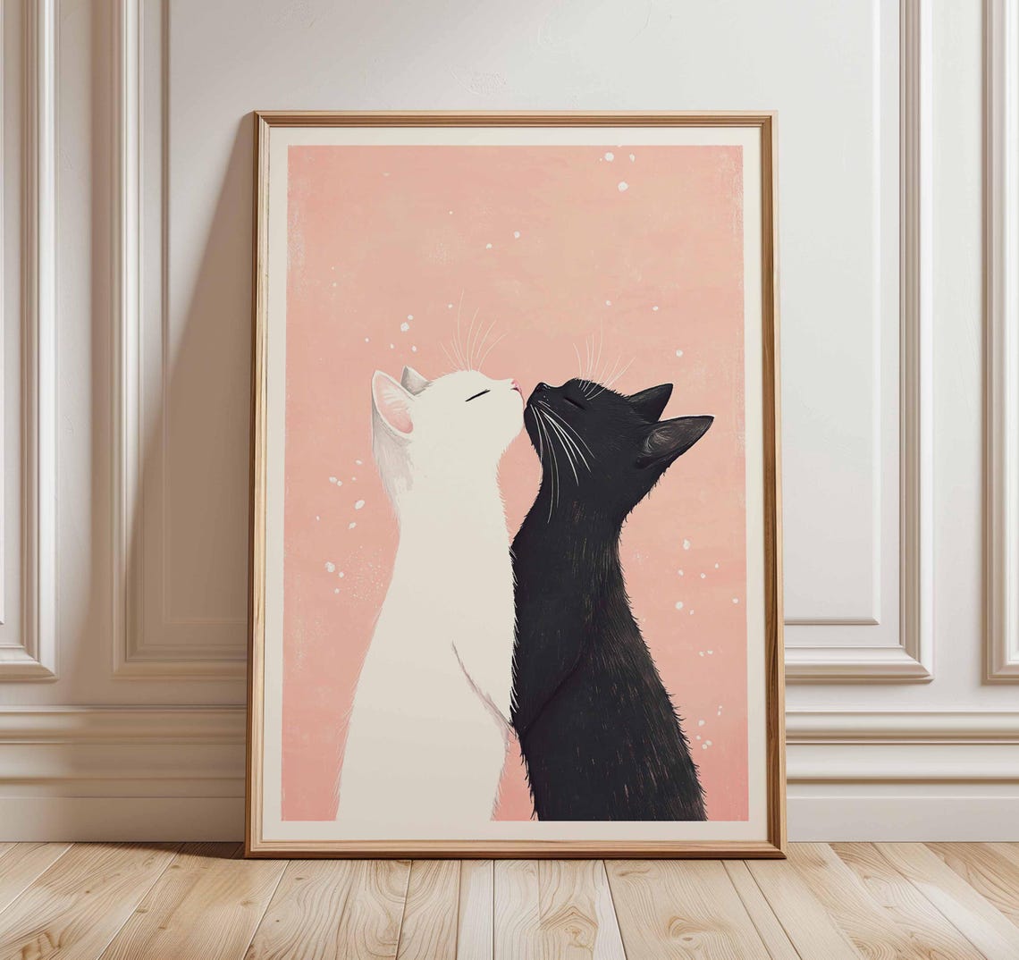 Black And White Cat Couple Gazing Up Pink Hearts Love Poster