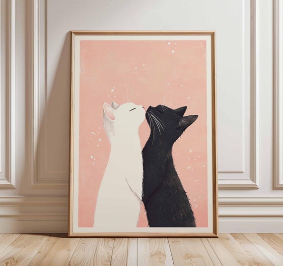 Cat Couple Poster Romantic Kitty Wall Art Black And White Cats Print Cute Animal Love Artwork Minimalist Illustration Pink Decor
