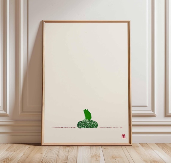 Minimalist Frog Art Print Japanese Zen Poster Wabi Sabi On Rock Simple Green Wall Nature Meditation Decor