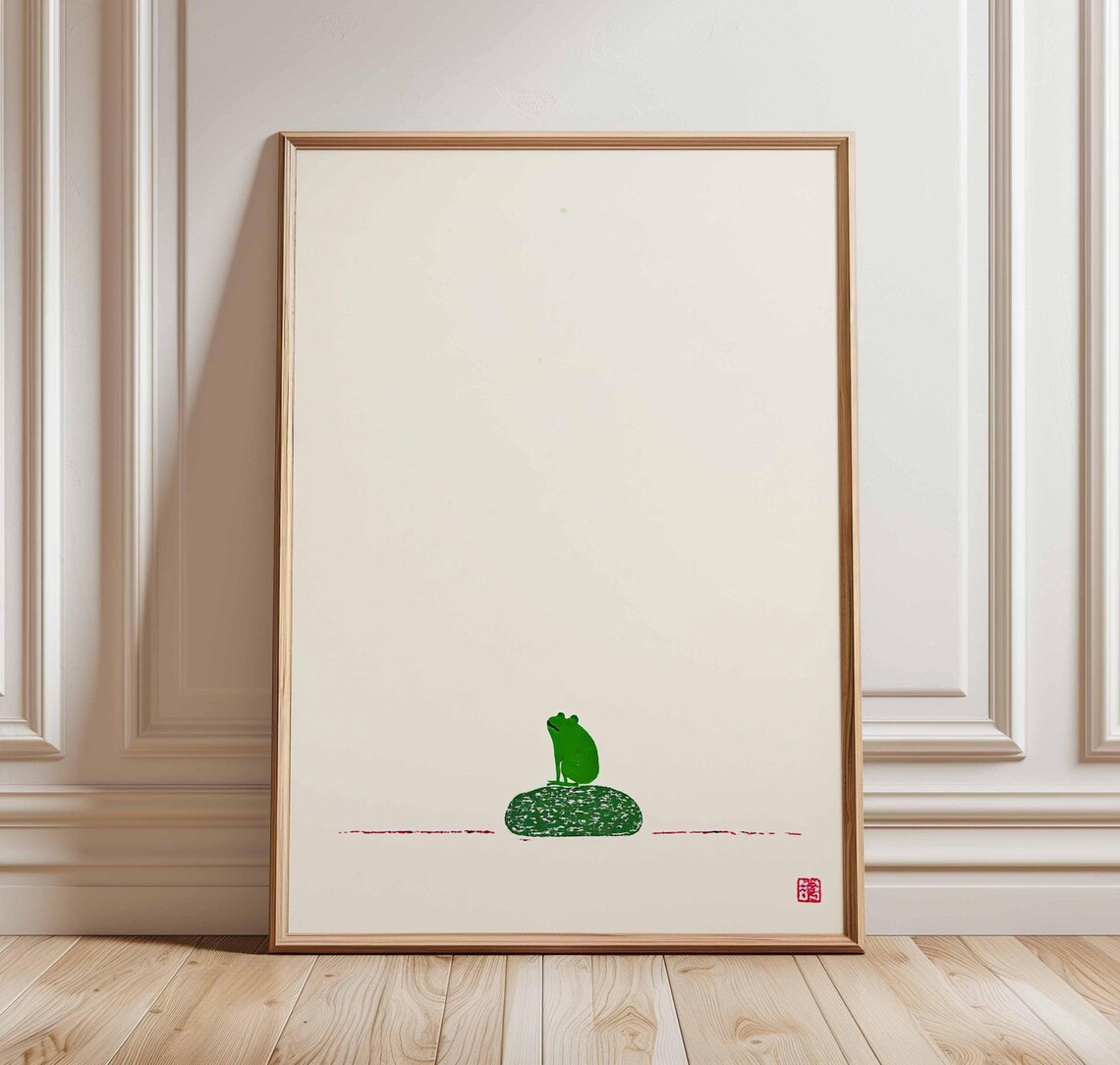 Minimalist Green Frog on Rock Japanese Zen Style Poster With Red Ink Seal