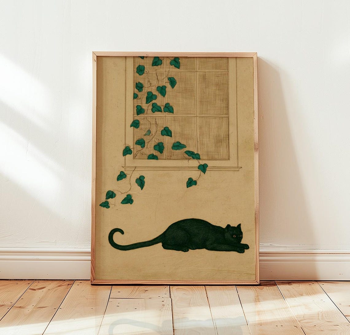 Black Cat And Ivy Window Print Vintage Botanical Wall Art Feline Illustration