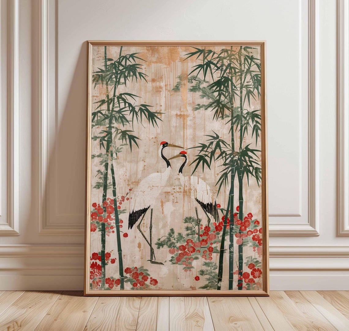 Japanese Cranes Bamboo Red Blossom Vintage Asian Nature Print