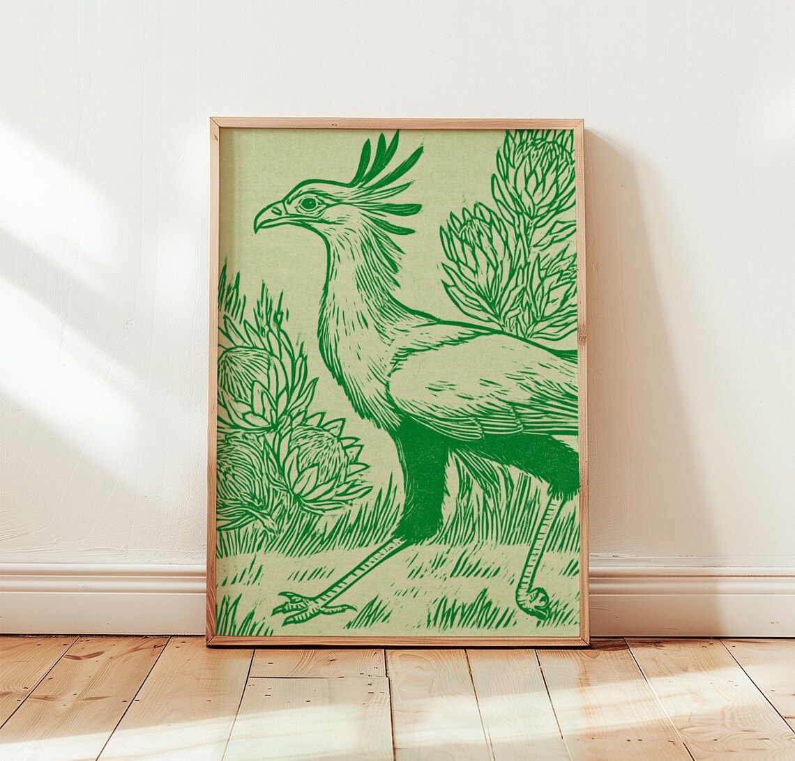 Secretary Bird Green Linocut Wildlife Art Print
