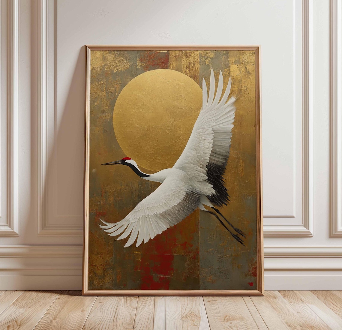 Japanese Crane Poster, Red Crowned Gold Sun