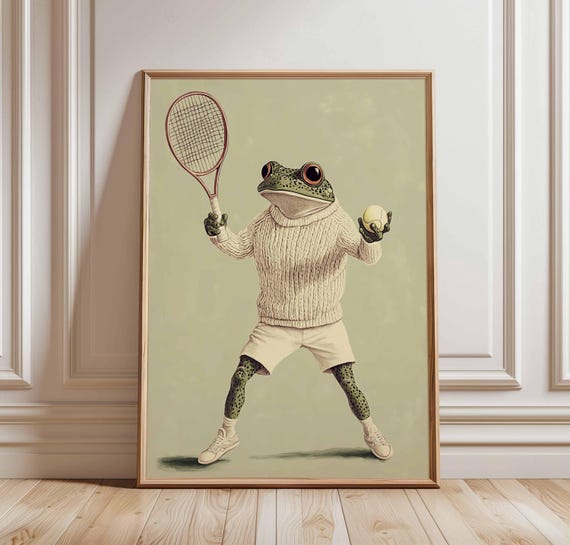 Funny Frog Tennis Poster Whimsical Amphibian Wall Art Print In Sportswear Animal Playing Decor Quirky Sports Illustration