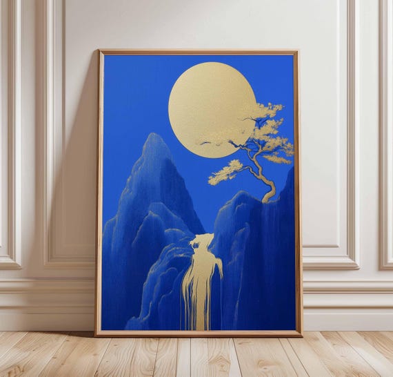Golden Moon Mountain Poster Asianinspired Landscape Art Blue And Gold Waterfall Print Tranquil Nature Decor Moonlit