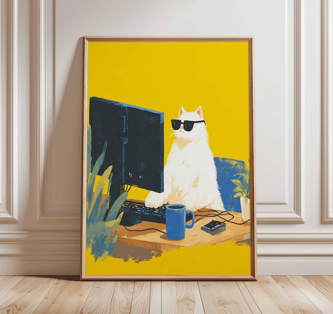 Cool Cat Computer Modern Quirky Cat Art Print