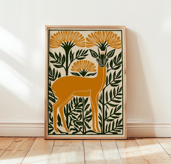 Gazelle Botanical Poster Folk Art Animal Print Nature Wall