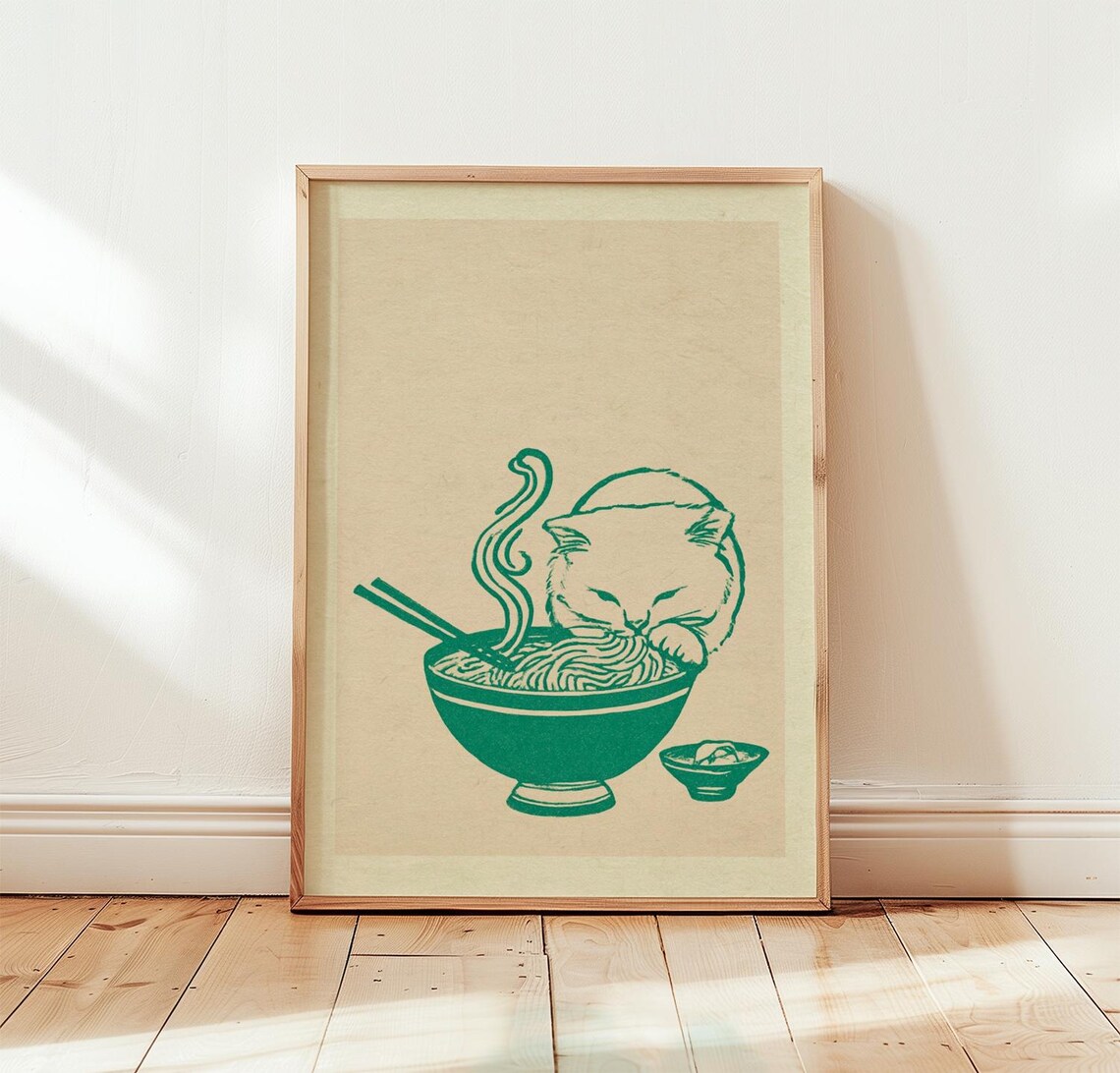 Ramen Cat Poster, Minimal Kitchen Art Print