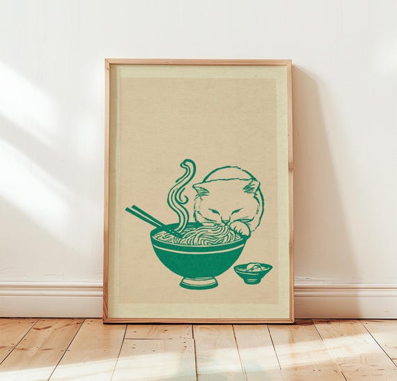 Ramen Cat Poster, Minimal Kitchen Art Print