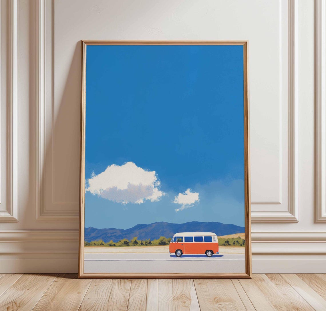 Retro Orange Camper Van Desert Road Trip Minimalist Travel Poster