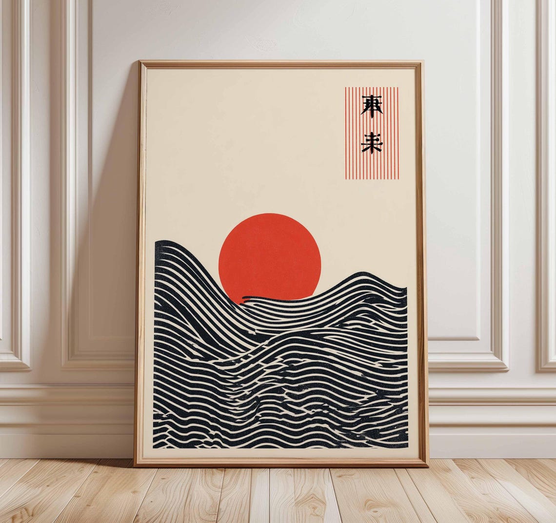 Japanese Red Sun Ocean Wave Minimalist Black Line Art Poster