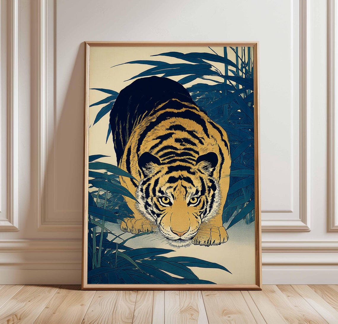 Crouching Tiger Navy And Yellow Japanese Bamboo Woodblock Style Poster