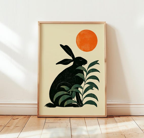 Hare Nature Poster Folk Animal Wall Art Linocut Botanical Print