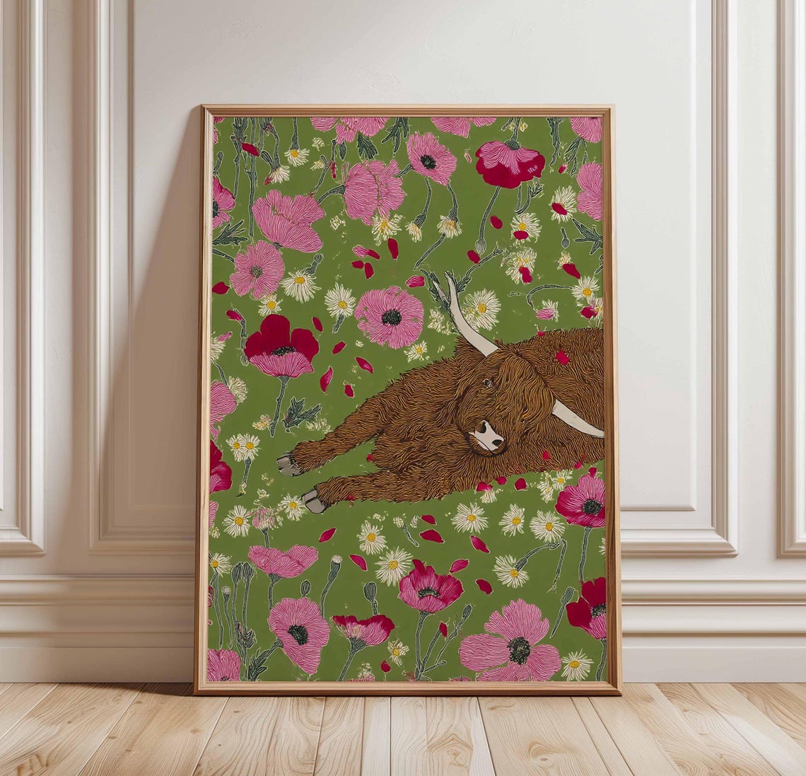 Highland Cow Resting In Pink Flower Meadow Botanical Animal Poster