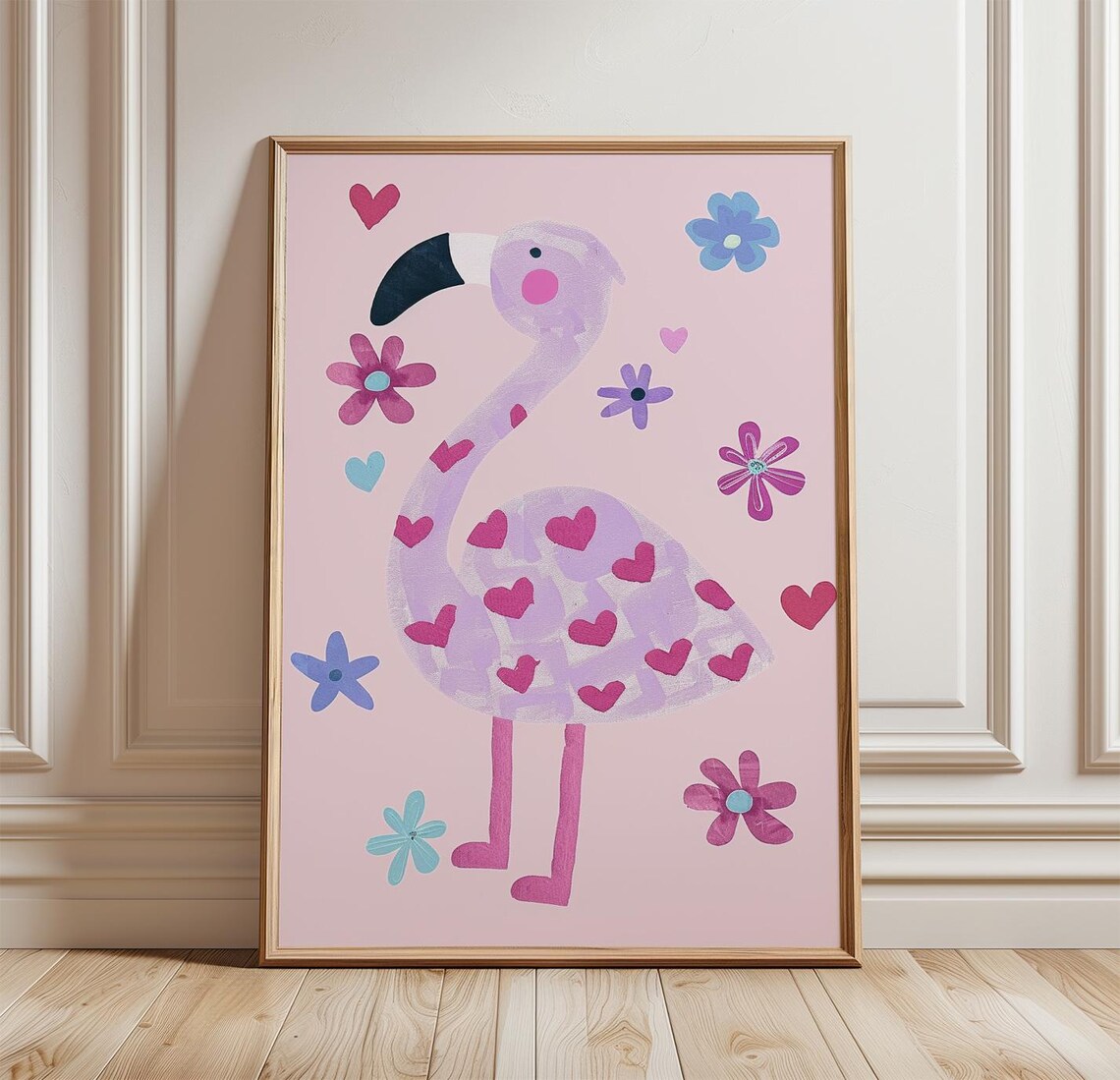 Whimsical Pink Flamingo Hearts Flowers Girls Nursery Art Poster