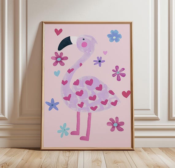Flamingo Hearts Poster Pink Nursery Wall Art Print
