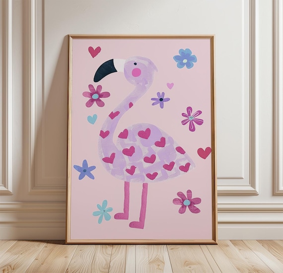 Whimsical Pink Flamingo Hearts Flowers Girls Nursery Art Poster