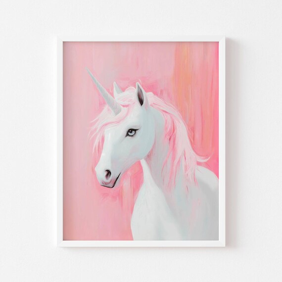 Pink Unicorn Portrait White Unicorn Pink Background Kids Bedroom Wall Poster
