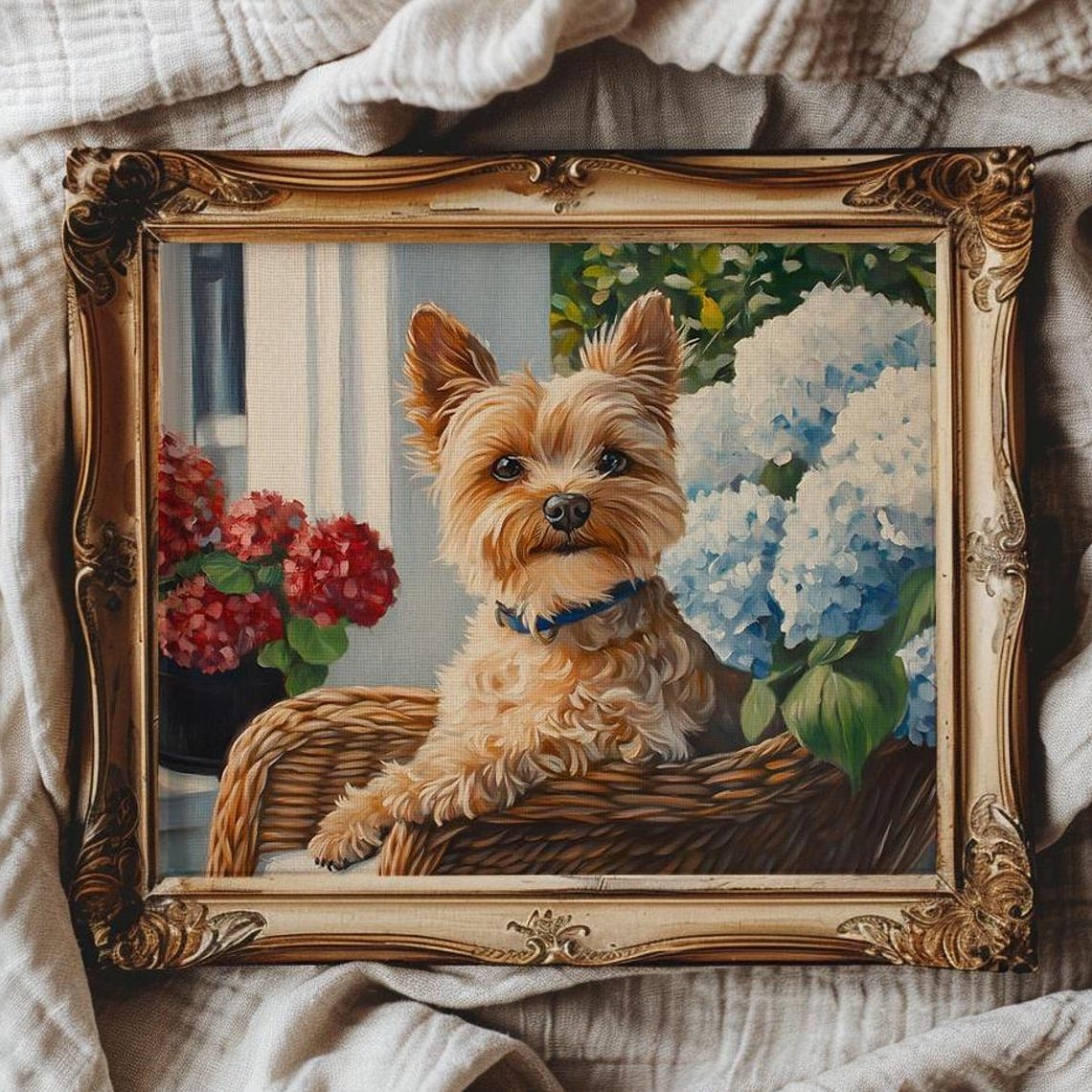 Yorkshire Terrier In Wicker Chair With Hydrangeas Art Wall Poster
