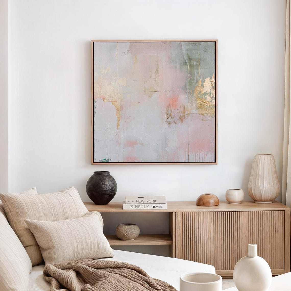 Pale Blush Gold Leaf Textured Large Abstract Modern Canvas Wall Art - Image 3