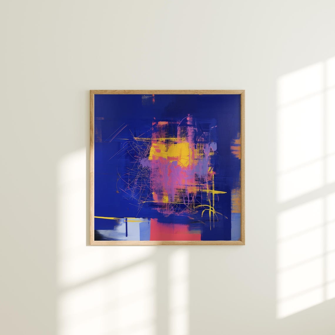 Bold Cobalt Blue Abstract With Yellow And Pink Energy Wall Art