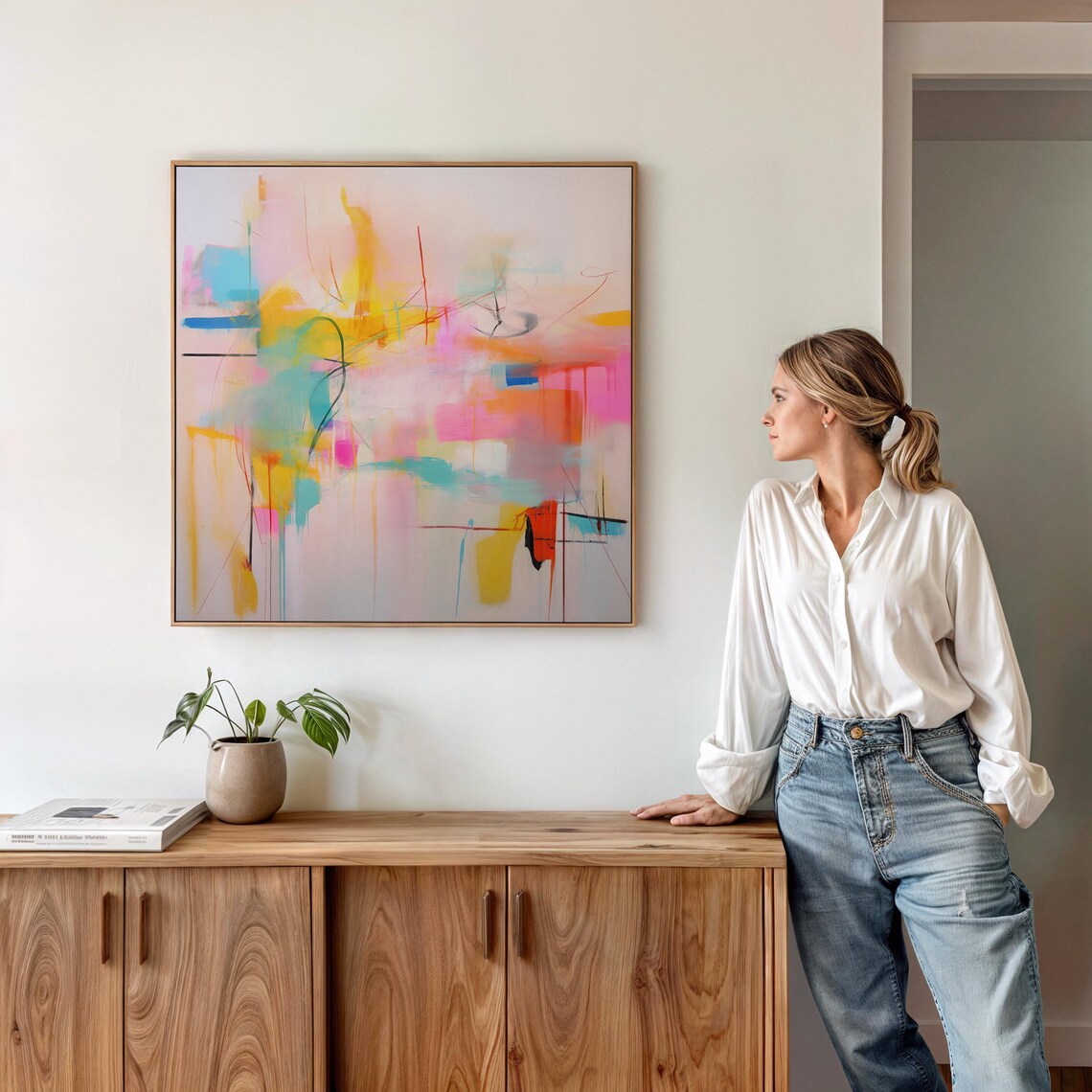 Soft Pastel Pink Yellow Abstract Brushstroke Modern Wall Art - Image 5