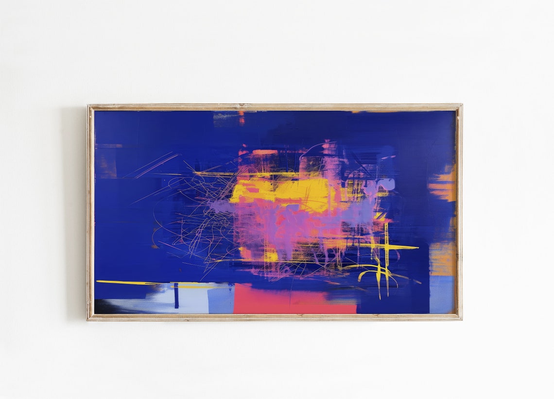Cobalt Blue Neon Yellow Pink Scribble Bold Modern Abstract Wall Art