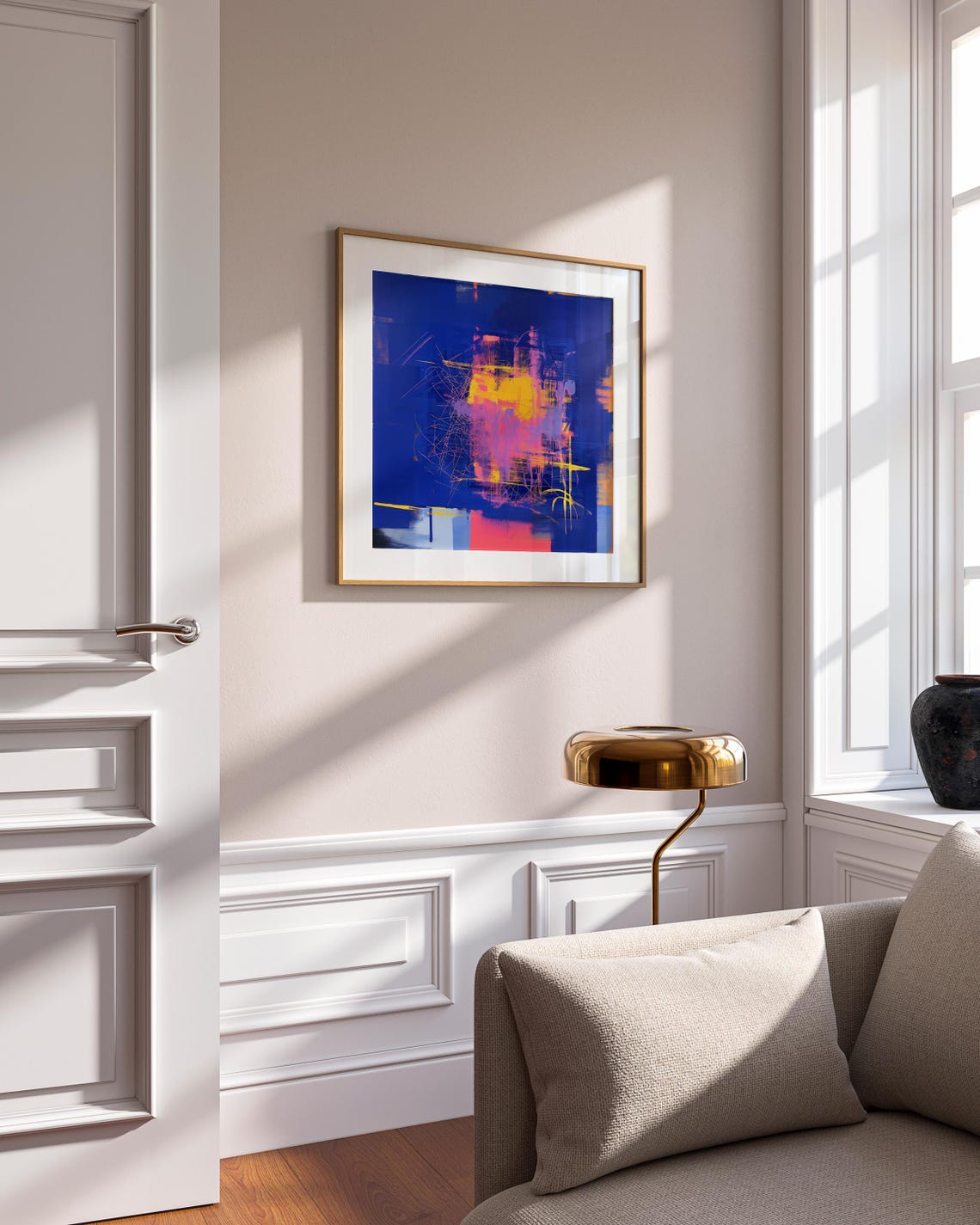 Bold Cobalt Blue Abstract With Yellow And Pink Energy Wall Art - Image 2