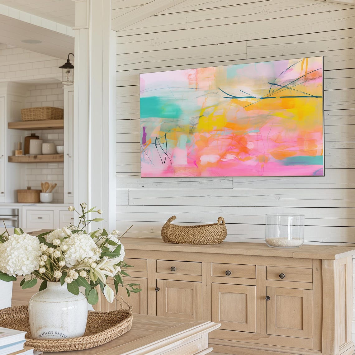 Pastel Pink Teal Orange Abstract With Black Gestural Line Marks Poster - Image 4