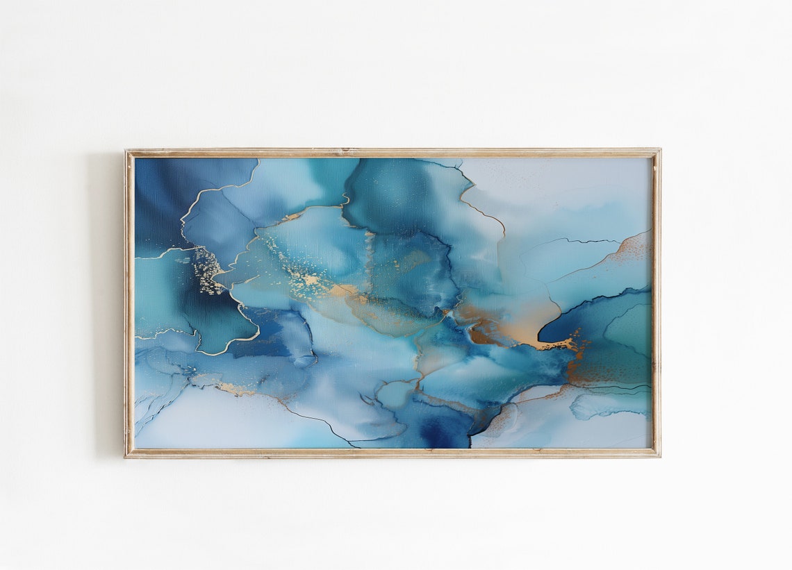 Blue Teal Alcohol Ink Marble Abstract With Gold Vein Details Poster