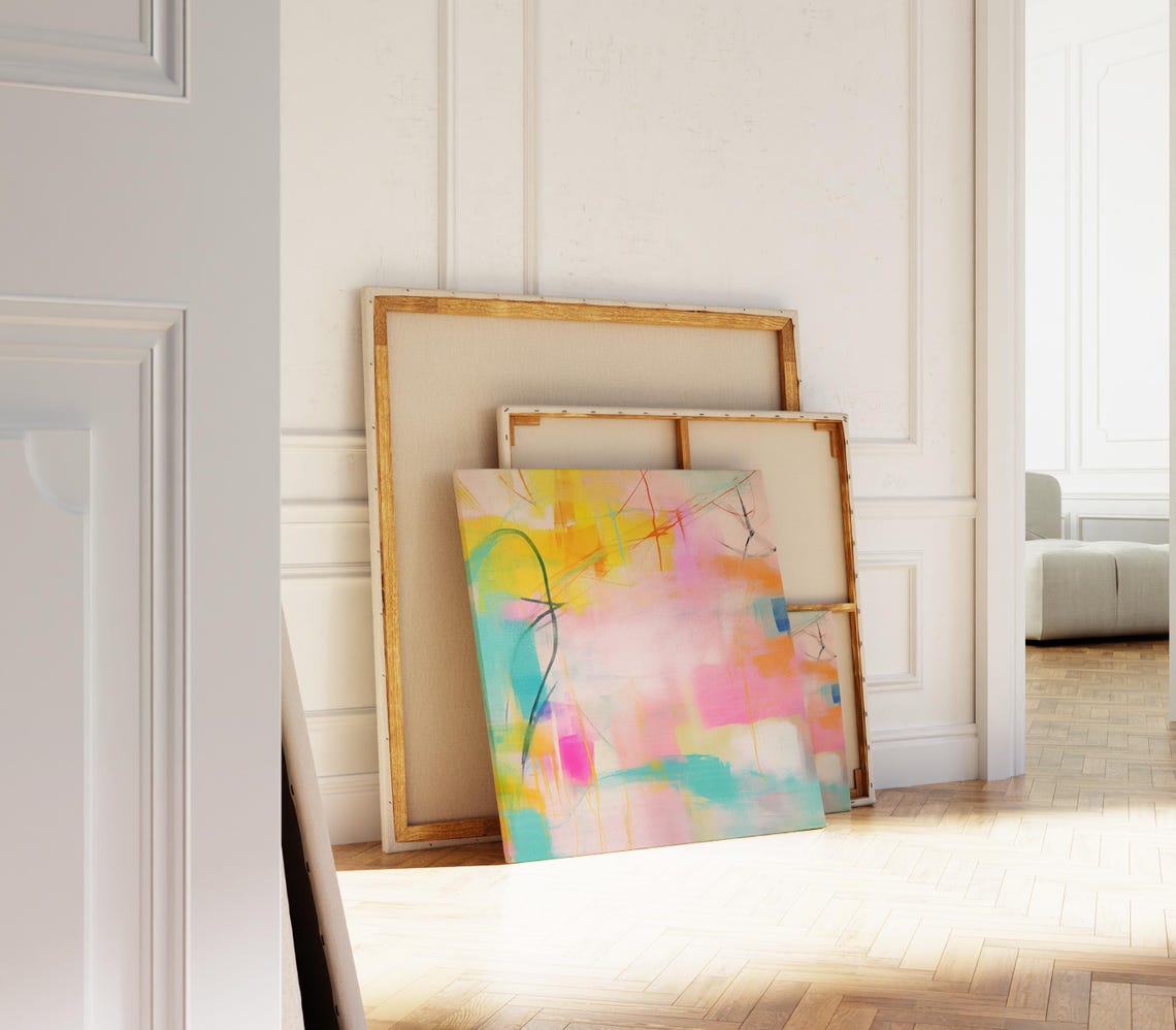 Pastel Pink Yellow Teal Abstract With Line Work Modern Print - Image 4