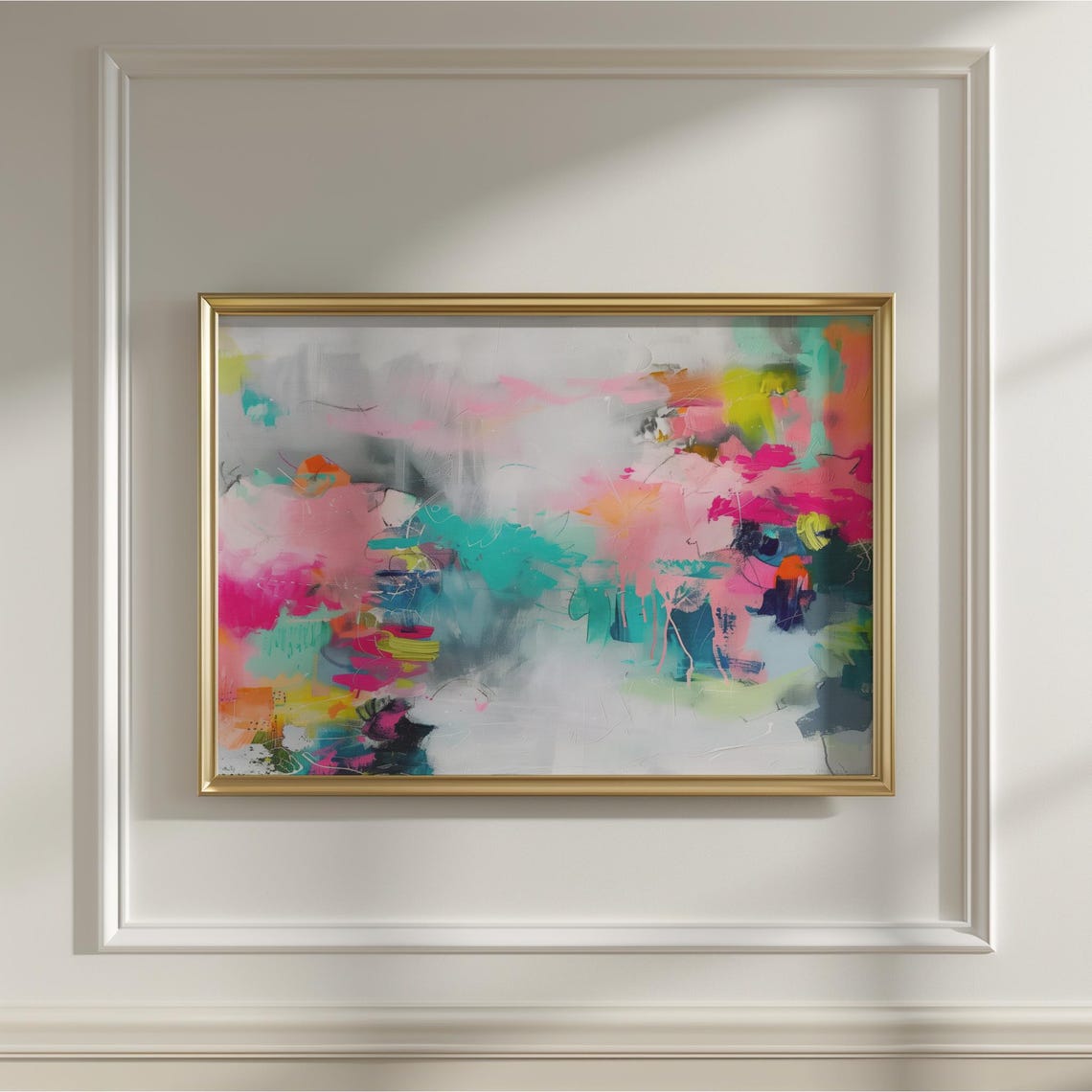 Pink Teal And Yellow Abstract Brushwork Modern Canvas Wall Art - Image 4