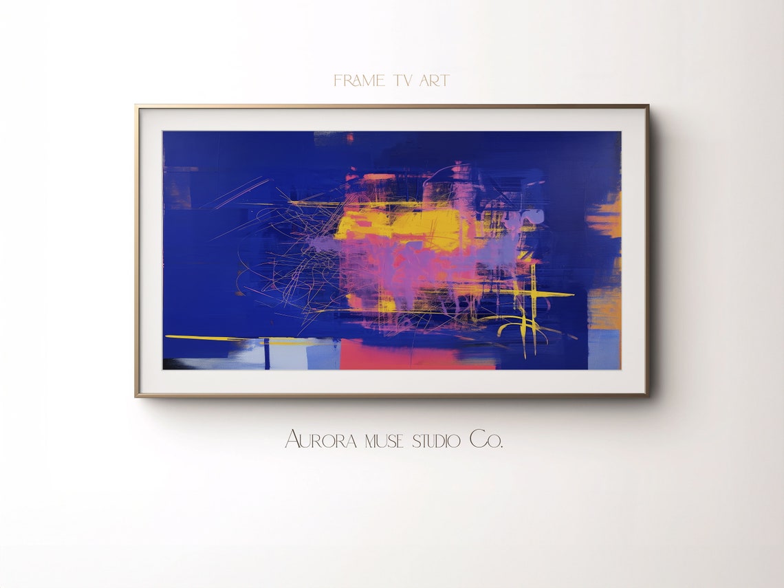 Cobalt Blue Neon Yellow Pink Scribble Bold Modern Abstract Wall Art - Image 4