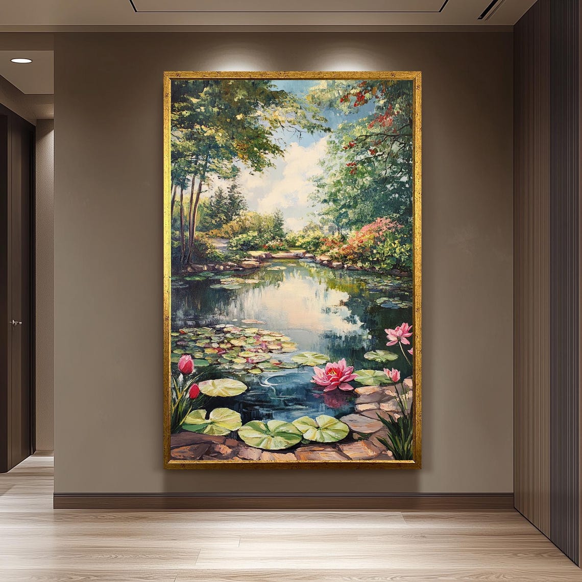Romantic Lily Pond Oil Painting Pink Water Lilies Lush Garden Poster