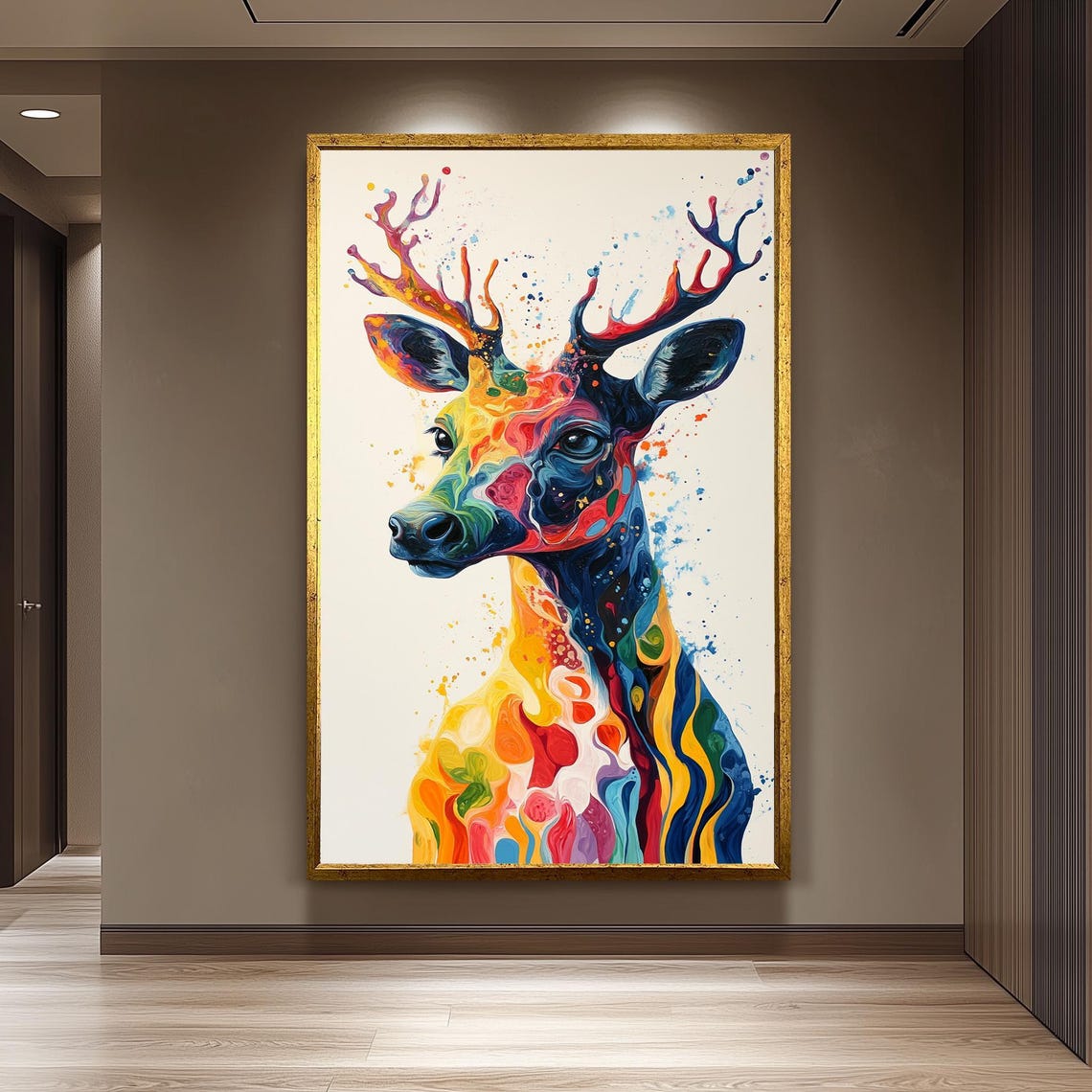 Colorful Watercolor Deer with Antlers Rainbow Splash Art Poster