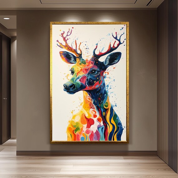 Colorful Watercolor Deer with Antlers Rainbow Splash Art Poster