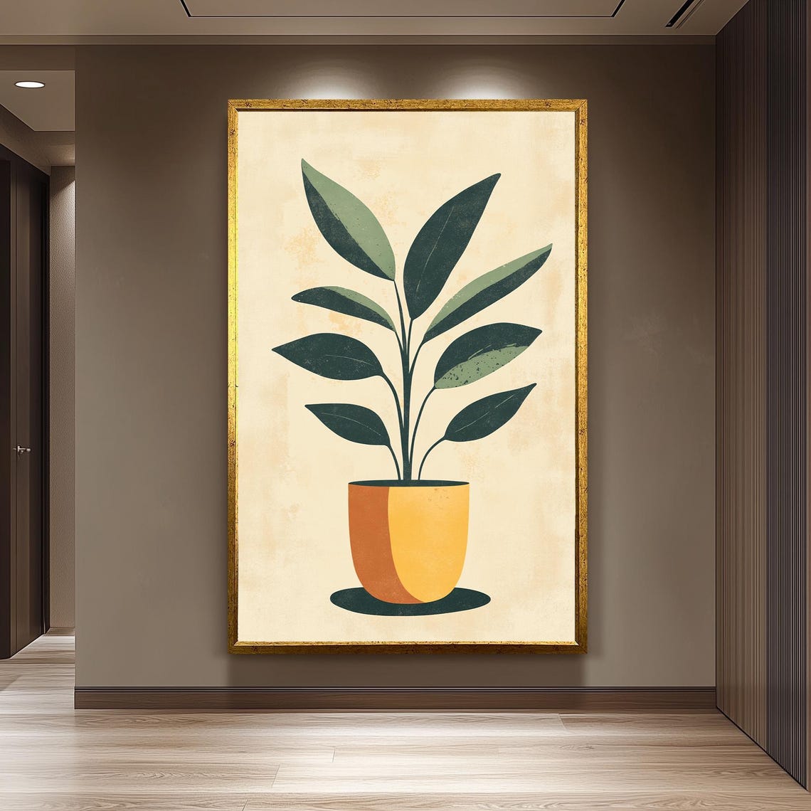 Mid Century Modern Green Leaves in Yellow Pot Botanical Art Poster
